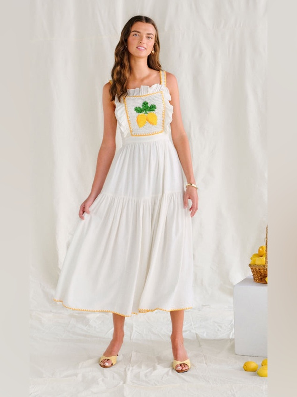 SAYLOR White Lemon Crochet Bib Midi Dress Ruffle Tiered Sundress Small